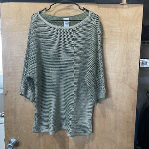 Chicos Green And Gold Metallic Open Knit Tunic Sweater Size 3